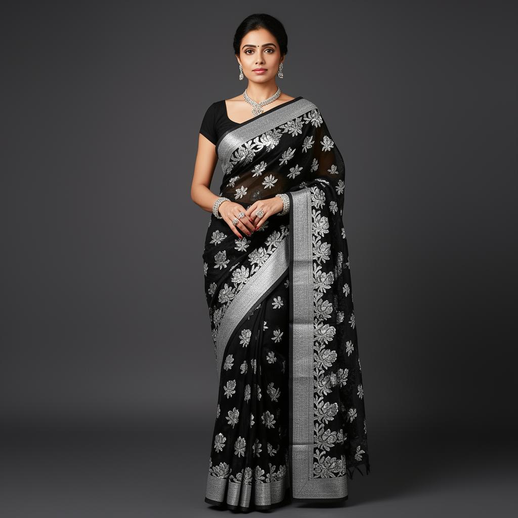 Midnight Silver — Black & Silver Zari saree (№ BL-04)