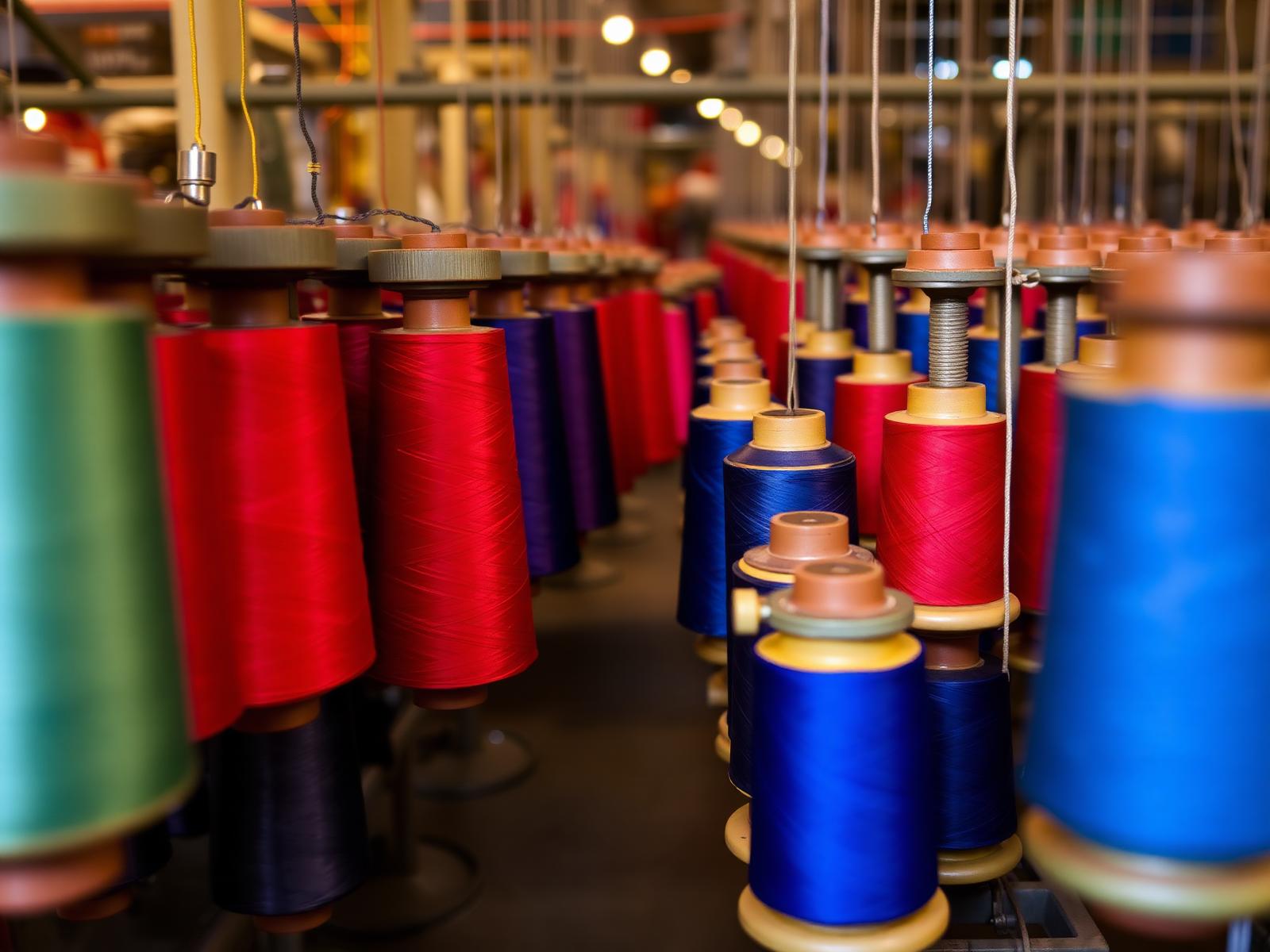 Colorful silk thread spools and bobbins in the factory
