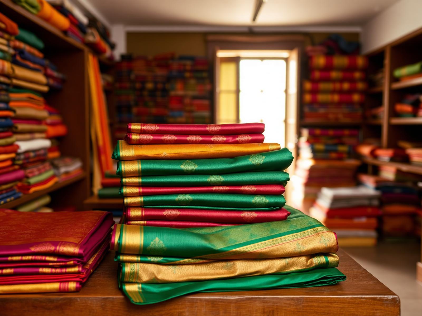 Stacks of woven silk fabrics
