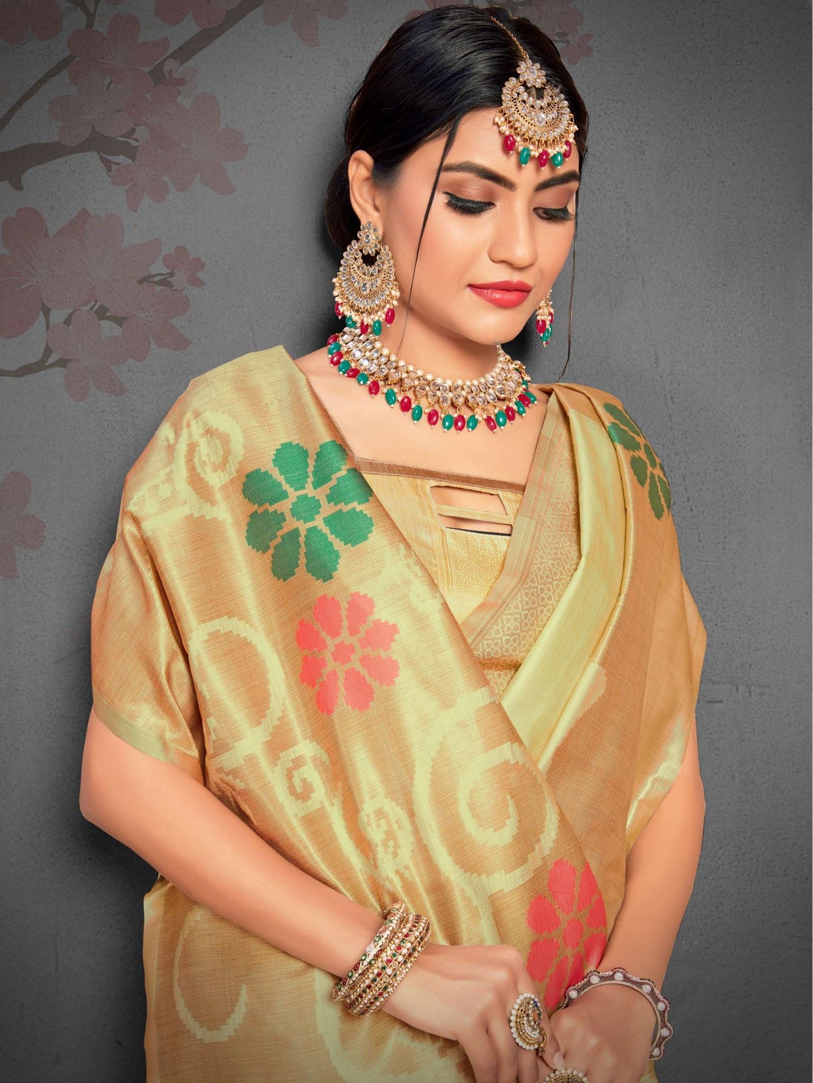 Gorgeous Look — Mint & Gold Floral saree (№ 5005)