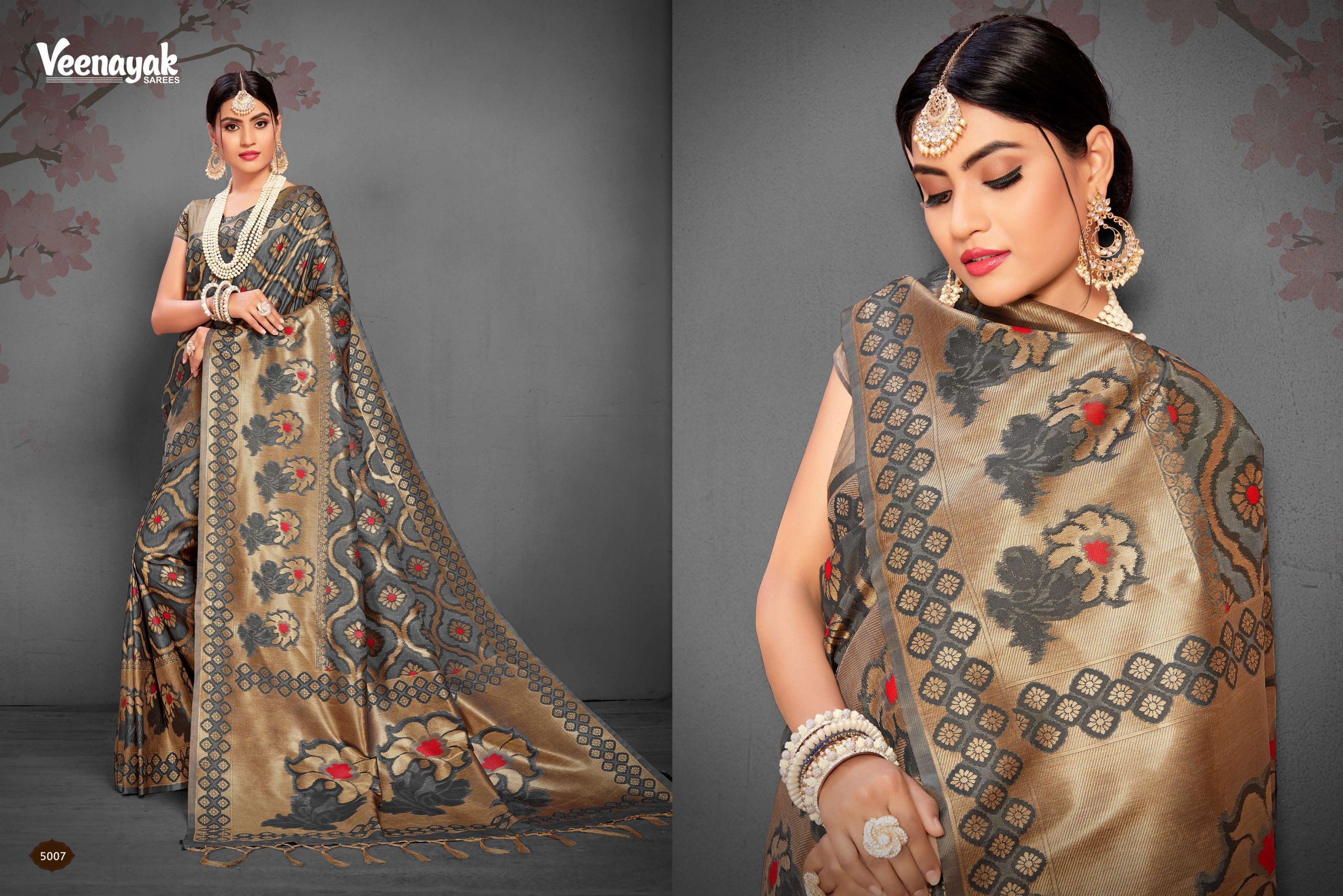 Stately Grey — Grey & Gold Floral saree (№ 5007)