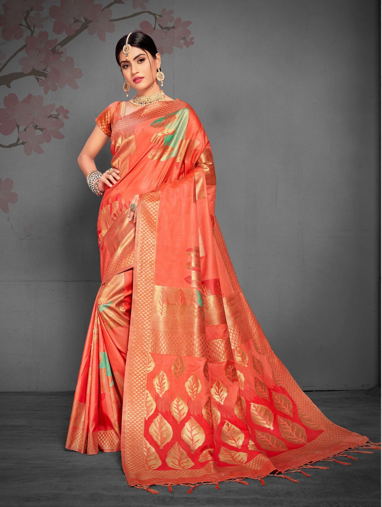 Stylish — Orange & Green Border saree (№ 5008)