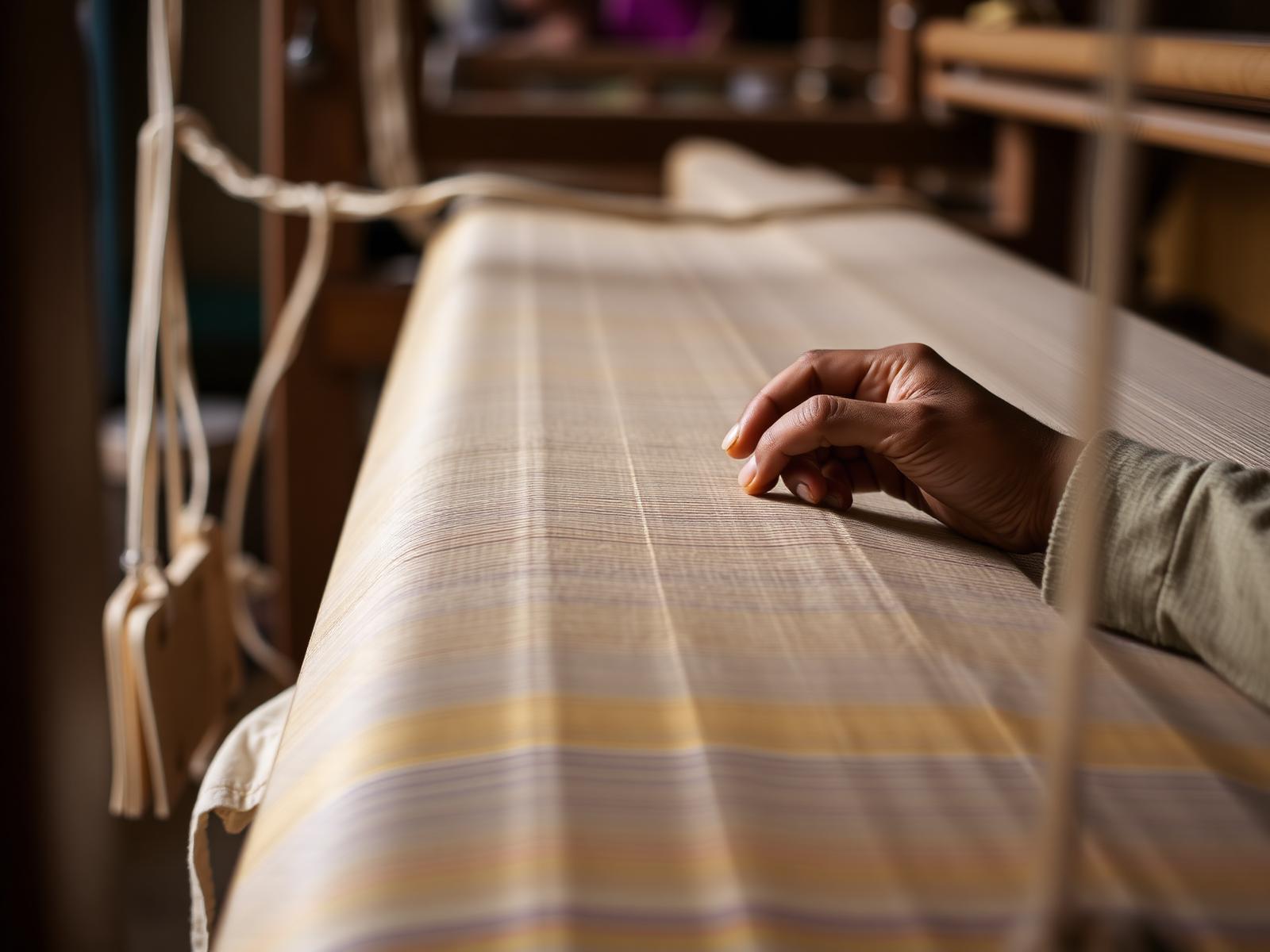 Close-up of weaver's hands working on a Jacquard loom